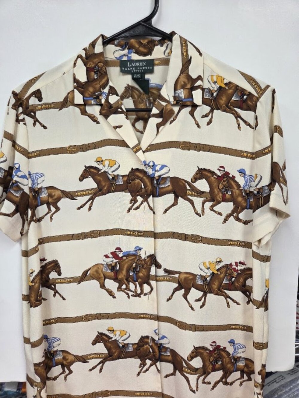 Lauren Ralph Lauren Petite Equestrian Horse Racing Belting Print Shirt P/S